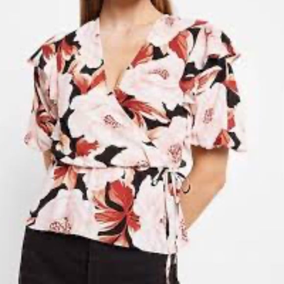 Express Floral Print Faux Wrap Puff Sleeve Peplum Top Sz XS New - Picture 1 of 7